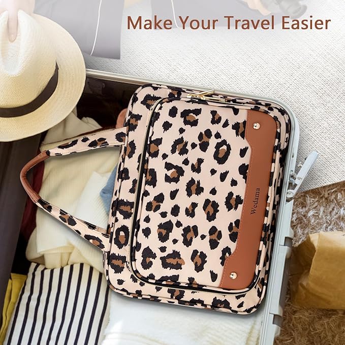 Wedama Toiletry Bag for Women, Hanging Travel Toiletry Bag with Jewelry Organizer Compartment Large Makeup Bag, PVC Waterproof Cosmetic Travel Bag Trips Camping Bathroom, Leopard Print