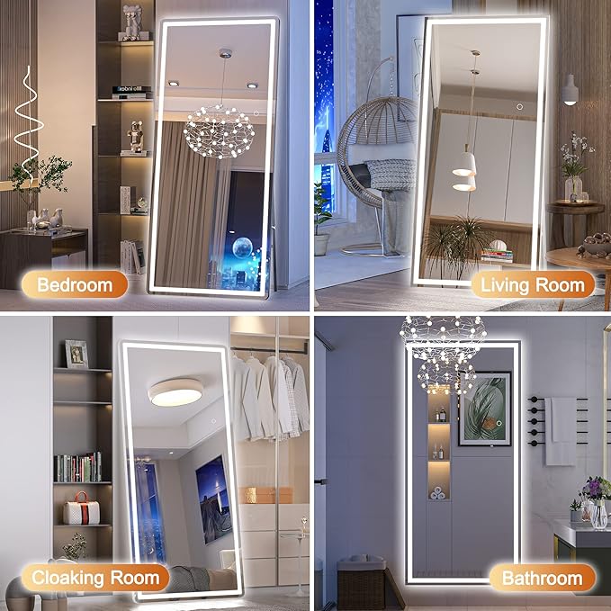 Hasipu Oversized 79” x 32" Full Length Mirror with Lights, LED Lighted Floor Standing Mirror, Full Body Dressing Hanging Mounted Mirrors, Dimmable, Tempered Glass, Safe to Use, Square Black