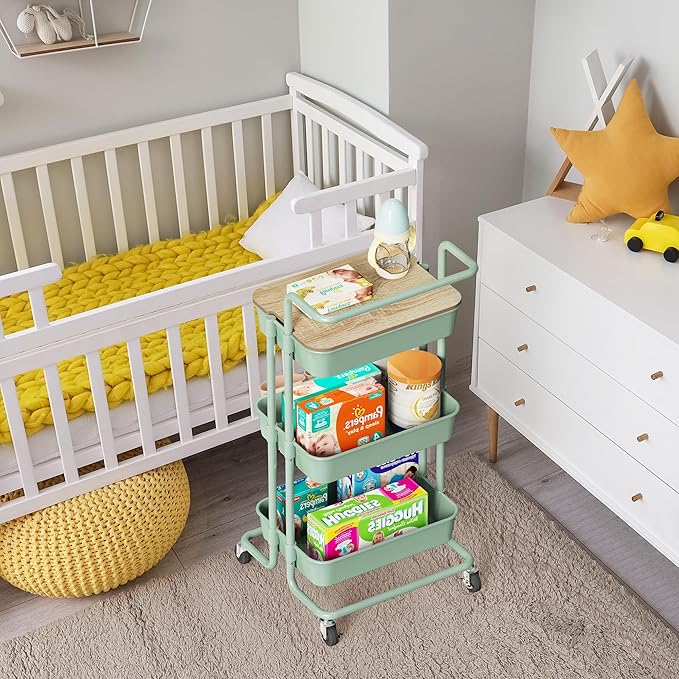 DTK 3 Tier Rolling Utility Cart with Cover Top Board, Movable Kitchen Storage Cart Trolley with Lockable Wheels, Cups, Hooks for Kitchen Bathroom Home Office Art Craft Storage(Turquoise/Green)