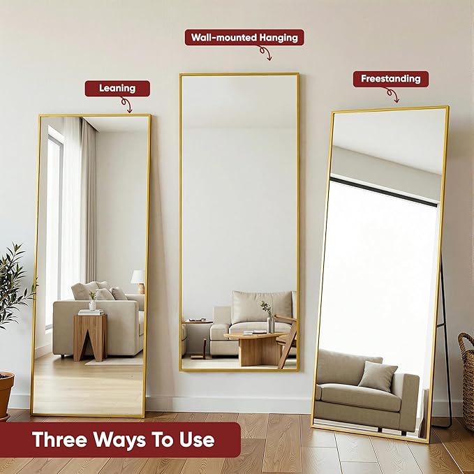 Suidia Full Length Mirror, 71"x32" Floor Mirror Freestanding, Rectangular Full Body Mirrors with Stand for Bedroom, Hanging Mounted for Living Room Cloakroom, Gold