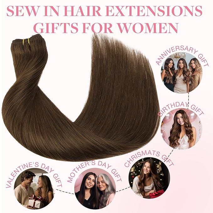 GOO GOO Sew in Hair Extensions Real Human Hair, Weft Hair Extensions Human Hair, 4A Chocolate Brown 18inch 100g, Weft Bundles Straight Silky Remy Hair
