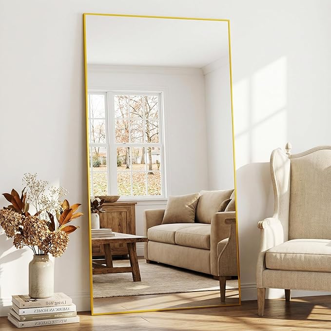 Suidia Full Length Mirror, 41"x81" Floor Mirror Freestanding, Rectangular Full Body Mirrors with Stand for Bedroom, Hanging Mounted for Living Room Cloakroom, Gold