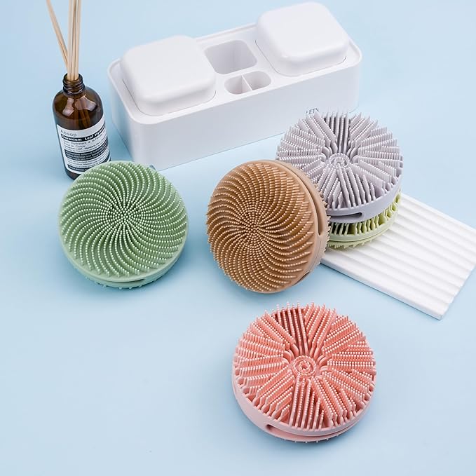 2 Pack Silicone Exfoliating Body Scrubber, Silicone Body Brush, Soft Silicone Loofah for Sensitive Skin, Shower Head Massager, Easy to Clean, Lathers Well(Gray&Green)