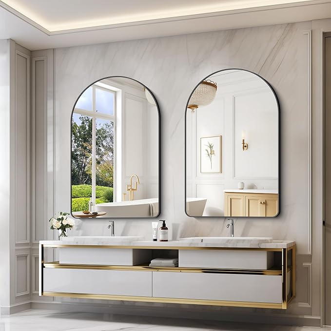 Arched Bathroom Mirror, 32"x48" Black Arched Mirror for Bathroom, Wall Mounted Mirror, Black Vanity Wall Mirror w/Metal Frame for Bedroom, Entryway, Living Room, Hanging or Leaning Against Wall
