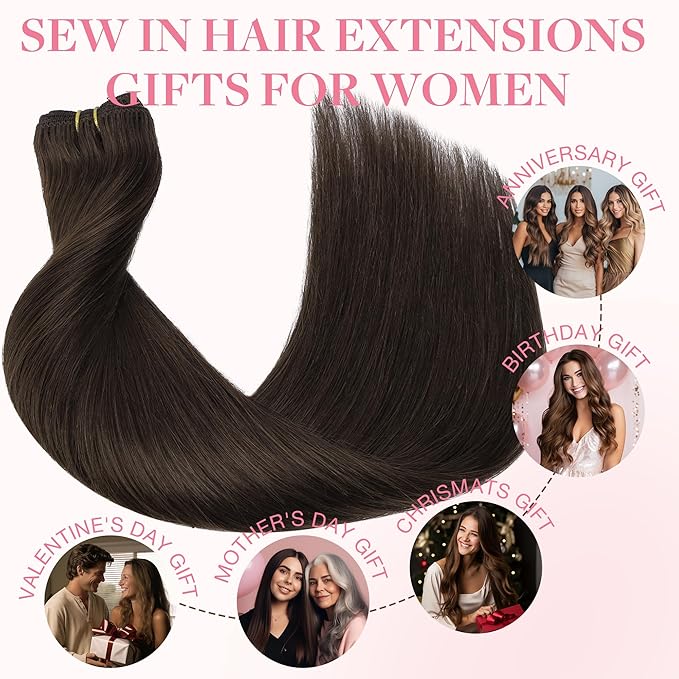 GOO GOO Sew in Hair Extensions Real Human Hair, Weft Hair Extensions Human Hair, 2A Light Brown 22inch 110g, Weft Bundles Straight Silky Remy Hair