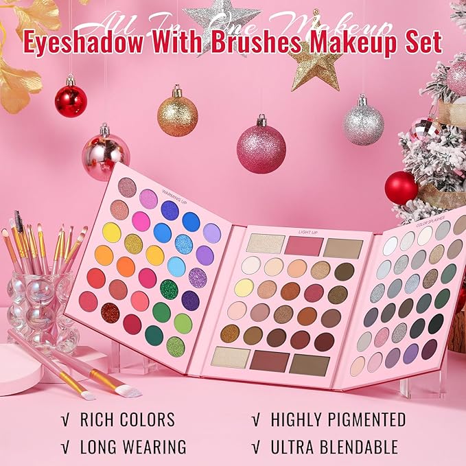 UCANBE Eyeshadow Palette with 15Pcs Brushes Makeup Set, Pigmented 86 Colots Make Up Pallet Gift Sets, Matte Shimmer Metallic Eye Shadow Highlighter Contour Blush Powder Christmas Valebtines Beauty Kit