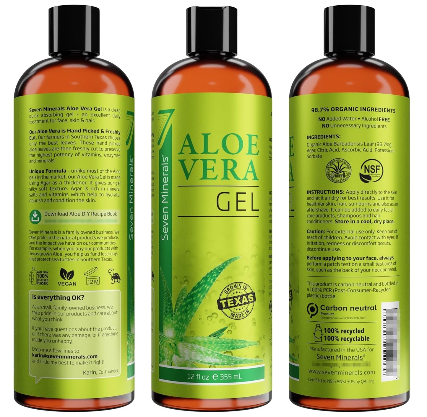 Seven Minerals Organic Aloe Vera Gel from freshly cut 100% Pure Aloe - Big 12oz - HighestQuality, Texas grown, Vegan, Unscented - For Face, Skin, Hair, Sunburn relief