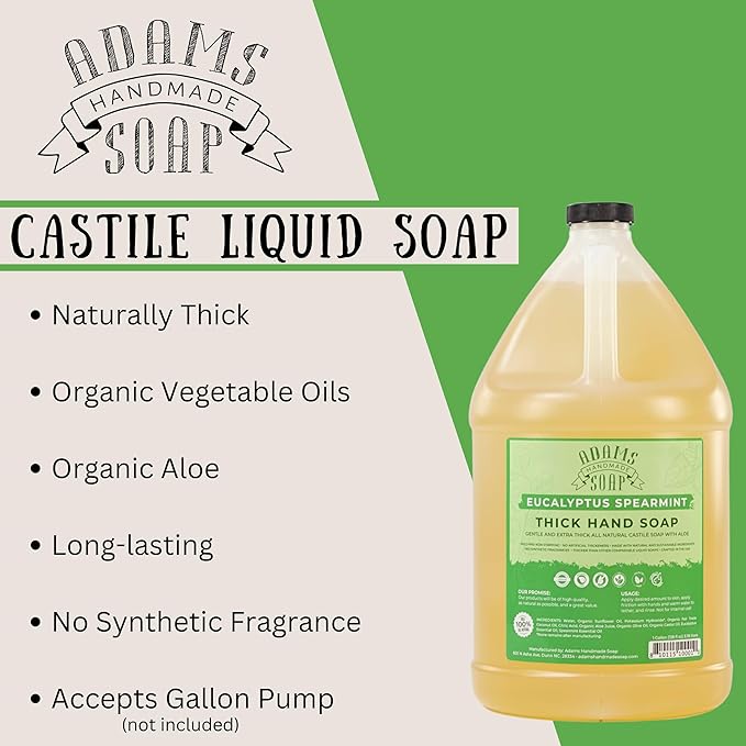 Adams Handmade Soap Liquid Organic Castile Thick Hand Soap 1 Gallon - Eucalyptus Spearmint (Pack of 4)