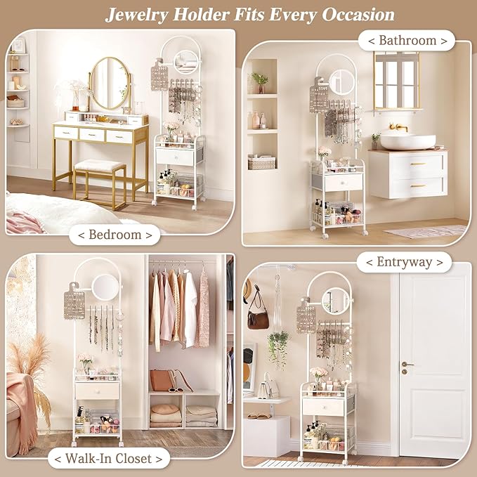Keebofly Floor Jewelry Organizer with Adjustable Mirror, 67.52" Tall Jewelry Display Stand with 6 Acrylic Earring Necklace Pegboards, Mobile Jewelry Tower with Large Storage Drawer for Women