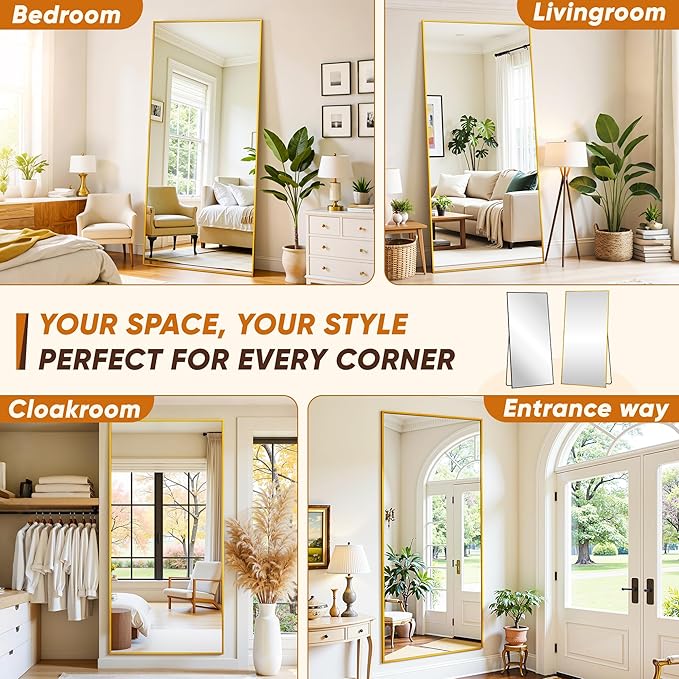 Suidia Full Length Mirror, 76"x34" Floor Mirror Freestanding, Rectangular Full Body Mirrors with Stand for Bedroom, Hanging Mounted for Living Room Cloakroom, Gold