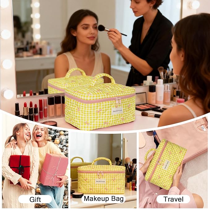 1pc Large Makeup Bag, Cute Cosmetic Bag for Women Girls, Floral Coquette Aesthetic Toiletry Bag, Travel Make Up Organizer Bag (Yellow Checked Bow