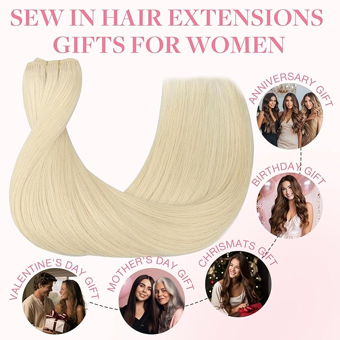 GOO GOO Sew in Hair Extensions Real Human Hair, Weft Hair Extensions Human Hair, 60A Platinum Blonde 20inch 100g, Weft Bundles Straight Silky Remy Hair