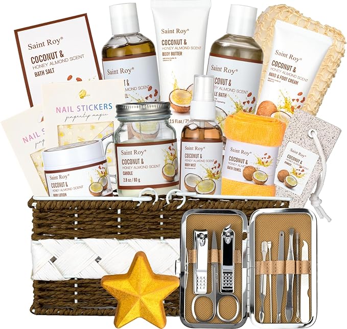 Valentines Day Gifts for Women & Men Spa Gift Basket Luxury Bath and Body Basket Set 17-Piece Coconut Honey Almond Large Luxury Home Spa Kit, Relaxing Self Care Pamper Gifts Birthday Bridal Shower