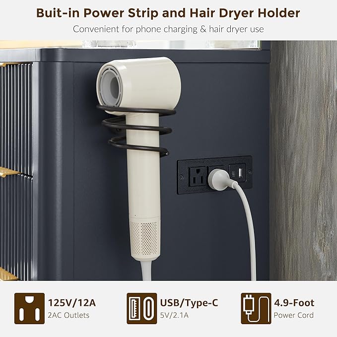 T4TREAM 48" Fluted Makeup Vanity Desk with 48" Large Mirror and HD LED Lights, Modern Vanity Table with 9 Drawers & Charging Station, Glass Top and Golden Handles Dressing Table for Bedroom,Dark Grey