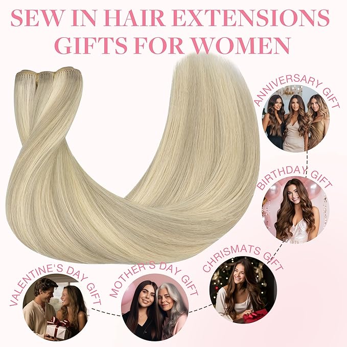 GOO GOO Sew in Hair Extensions Real Human Hair, Weft Hair Extensions Human Hair, 17A/60A Ash Blonde Highlighted Platinum Blonde 14inch 100g, Weft Bundles Straight Silky Remy Hair