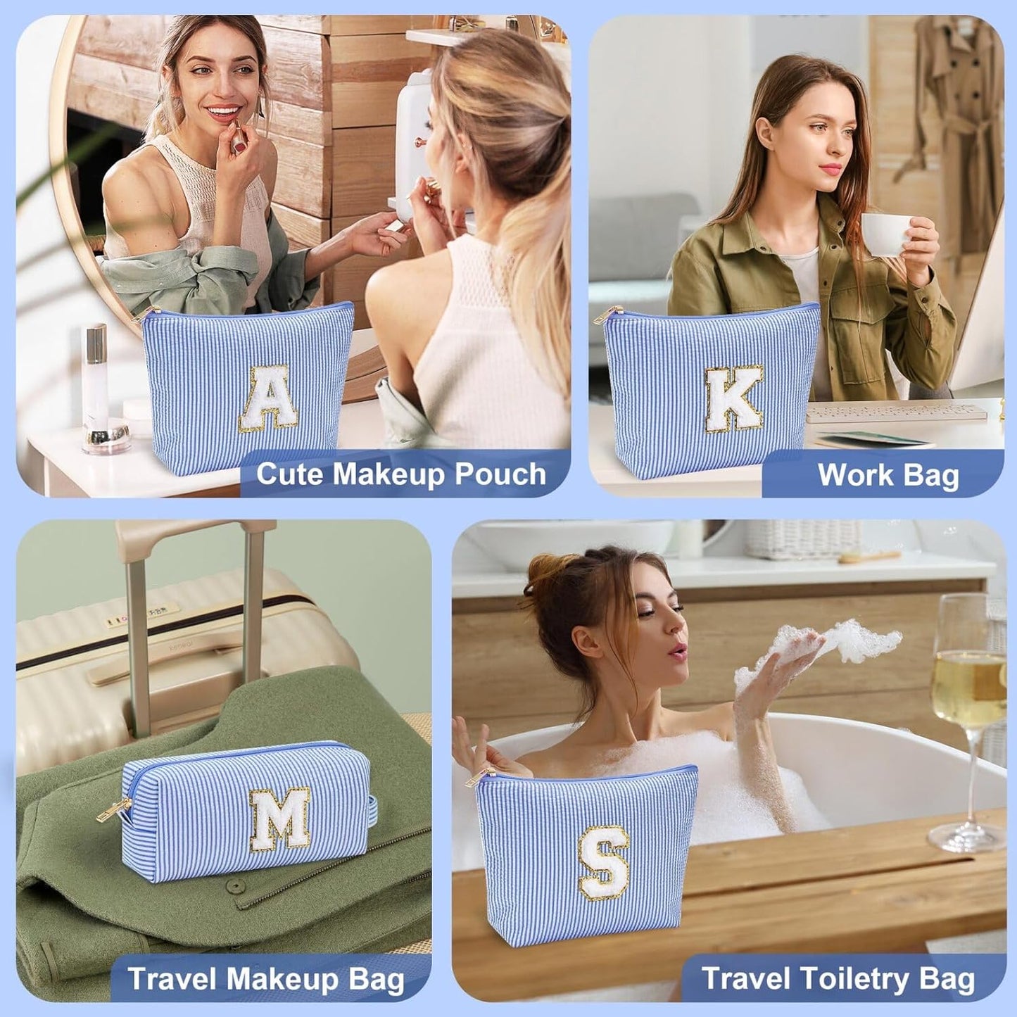 YOOLIFE Personalized Gifts for Women, Initial Makeup Bag with Makeup Pouch Cosmetics Organizer Bag Cute Makeup Bag Wedding Mothers Day Gifts Wedding Gifts for Sister Wife Friend Female Mom Blue N