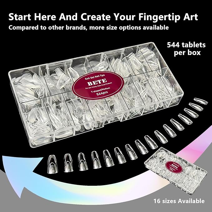 BETE Medium Coffin Nail Tips, 544Pcs 16 Sizes, Clear Acrylic Full Cover False Nails, Pre-Shaped, Strong & Thicker, Long Lasting Press on Nails for DIY at Home & Salon