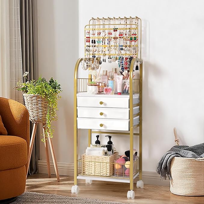 Keebofly Large Jewelry Organizer Stand with 3 Box Drawer - Necklace Organizer Earring Storage Armoire Holder with Display for Earring Necklace Ring Bracelet Gold