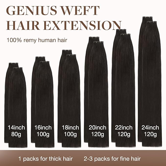 GOO GOO Genius Human Hair Extensions - Sew In Rooted Remy Weft, 2 Dark Brown 14 Inch 80g, Hand Tied