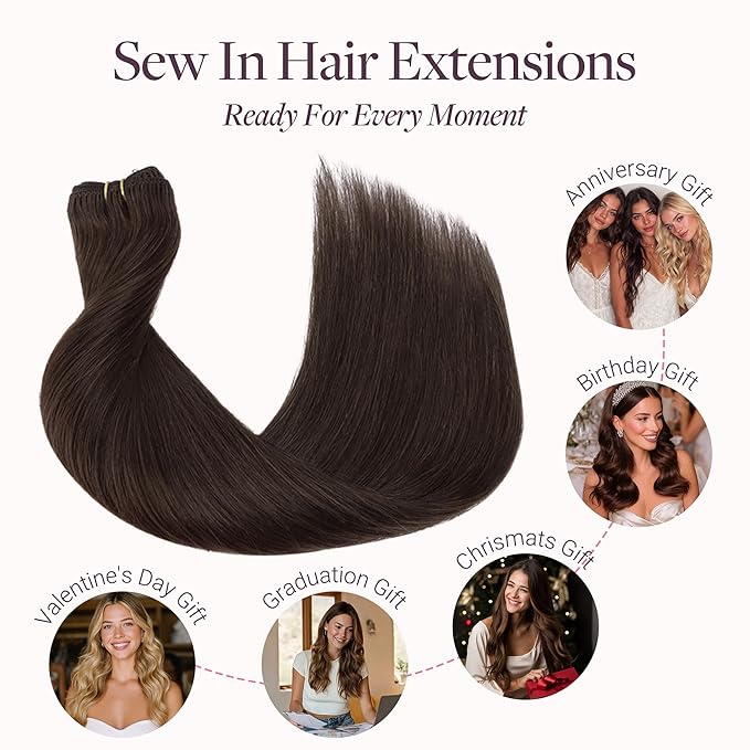 GOO GOO Sew in Hair Extensions Real Human Hair, Weft Hair Extensions Human Hair, 2 Dark Brown 22inch 145g, Weft Bundles Straight Silky Remy Hair