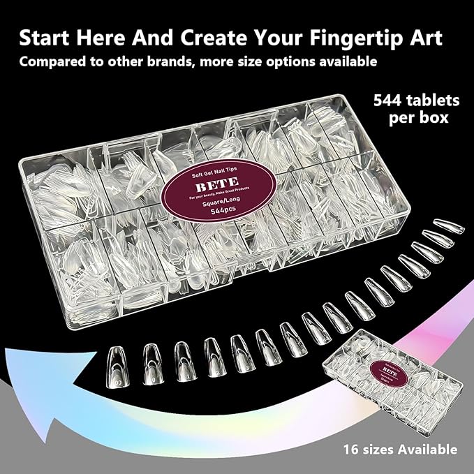 BETE Long Square Nail Tips, 544Pcs 16 Sizes, Clear Acrylic Full Cover False Nails, Pre-Shaped, Strong & Thicker, Long Lasting Press on Nails for DIY at Home & Salon