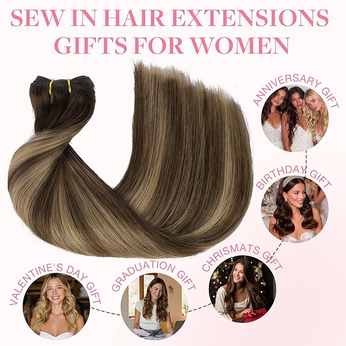 GOO GOO Sew in Hair Extensions Real Human Hair, Weft Hair Extensions Human Hair, 4/27/4 Balayage Chocolate Brown to Caramel Blonde 16inch 90g, Weft Bundles Straight Silky Remy Hair