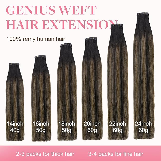 GOO GOO Genius Human Hair Extensions, Sew In Remy Weft, 2/6/2 Balayage Dark Brown to Chestnut Brown 18inch 50g, Hand Tied Weft