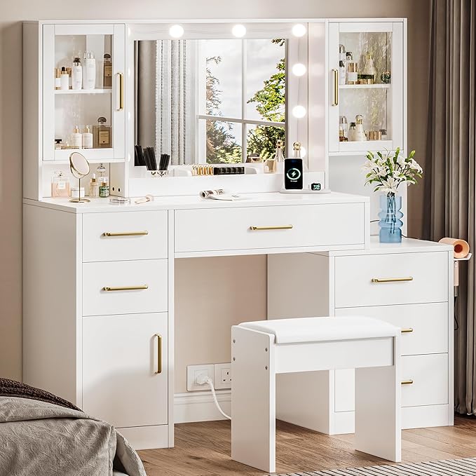 Makeup Vanity Desk with Mirror and Lights, 51" Makeup Vanity with Lights & Charging Station, Dressing Table Vanity Set for Bedroom, White Vanity Table with Cushioned Stool, 6 Drawers and 3 Cabinet