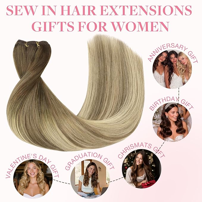 GOO GOO Sew in Hair Extensions Real Human Hair, Weft Hair Extensions Human Hair, 3/8/613 Balayage Walnut Brown to Ash Brown and Bleach Blonde 14inch 80g, Weft Bundles Straight Silky Remy Hair