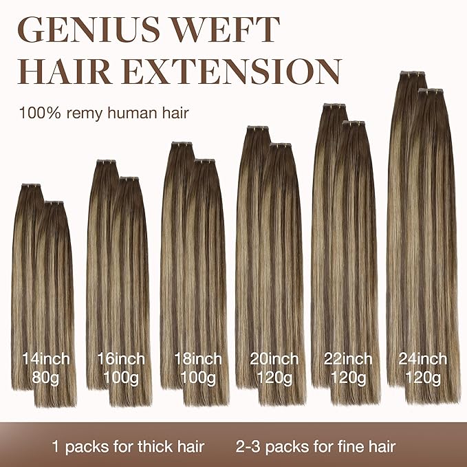 GOO GOO Genius Sew In Remy Weft Hair Extensions, 4/26/4 Balayage Chocolate Brown to Honey Blonde 20inch 120g, Hand Tied