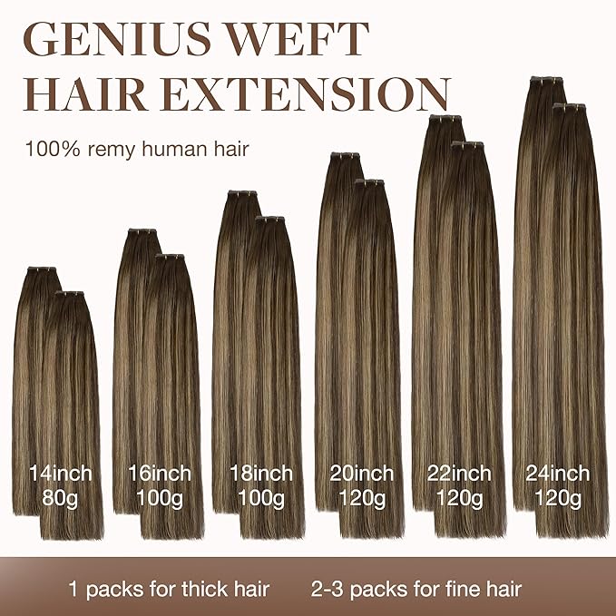 GOO GOO Genius Sew In Remy Weft Hair Extensions, 4/27/4 Balayage Chocolate Brown to Caramel Blonde 22inch 120g, Hand Tied