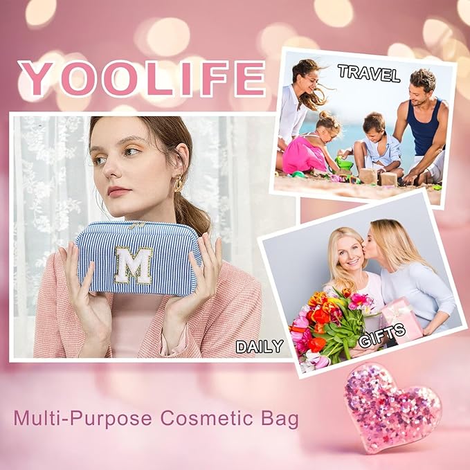 YOOLIFE Gifts for Women Teen Girls Kids - Initial Makeup Bag Cosmetic Case Toiletry Pouch, Birthday Gifts for Women Friends Sister Teacher, Light Blue K