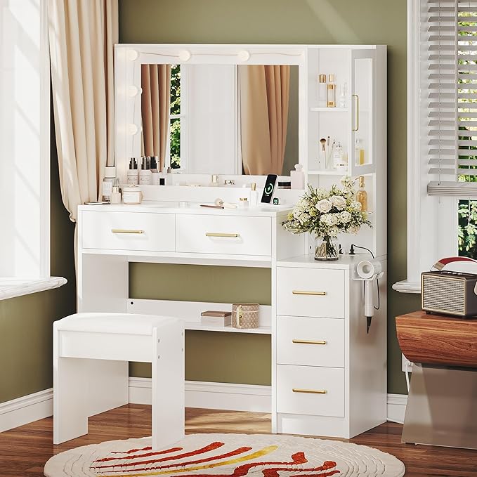 White Vanity Table with Drawer Dresser, Farmhouse Vanity Makeup Desk with Charging Station, Vanity Desk with Lights Mirror & Drawers for Makeup,Vanity Desk with Storage Shelf & 5 Drawers (Gold Handle)