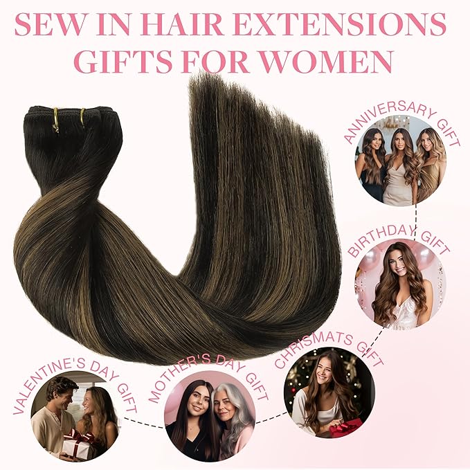 GOO GOO Sew in Hair Extensions Real Human Hair, Weft Hair Extensions Human Hair, 1B/6/1B Balayage Natural Black to Chestnut Brown 18inch 100g, Weft Bundles Straight Silky Remy Hair