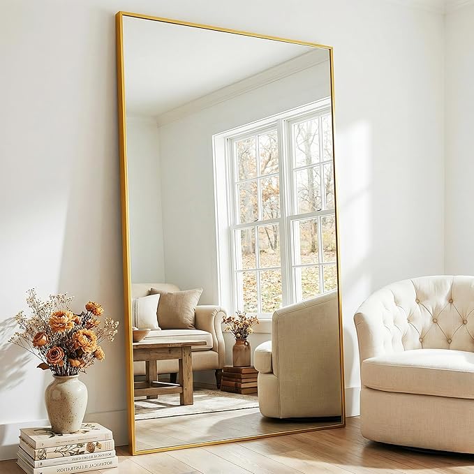 Suidia Full Length Mirror, 44"x72" Floor Mirror Freestanding, Rectangular Full Body Mirrors with Stand for Bedroom, Hanging Mounted for Living Room Cloakroom, Gold