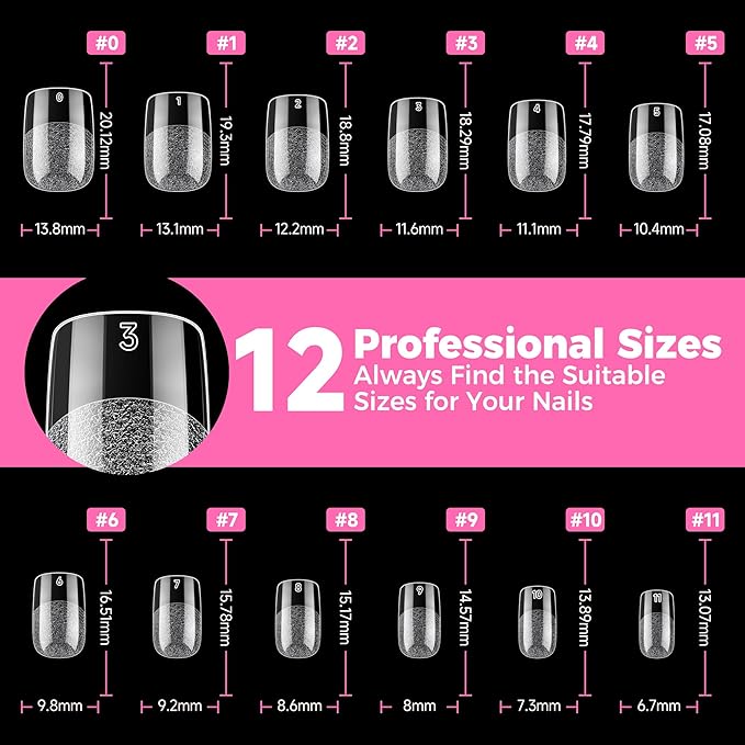 UNA GELLA Short Square Oval Round Nail Tips 216pcs Pre-Etched Short Square Round Oval Press on Nails Squoval Clear Acrylic Fake Full Cover Gel Nails Tips for Nail Extensions Home DIY Salon 12 Sizes