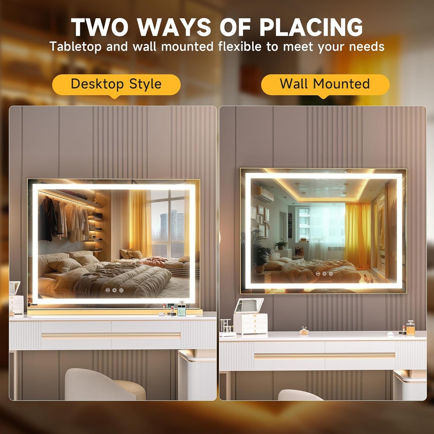 Hasipu Vanity Mirror with Lights, 40" x 30" LED Makeup Mirror, Lighted Makeup Mirror with Dimmable 3 Modes, Touch Screen Control Vanity Mirror Square Gold