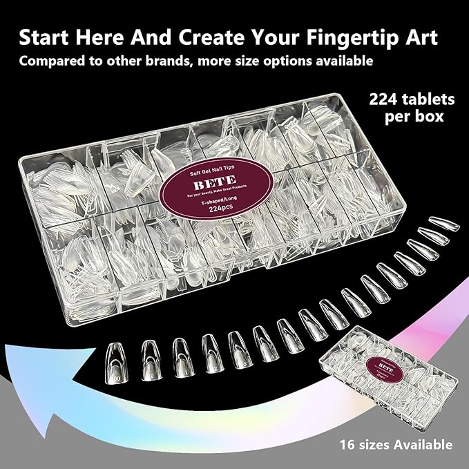 BETE Long Coffin Nail Tips, 224Pcs 16 Sizes, Clear Acrylic Full Cover False Nails, Pre-Shaped, Strong & Thicker, Long Lasting Press on Nails for DIY at Home & Salon