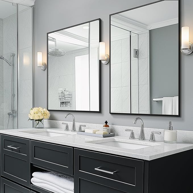 Bathroom Vanity Mirror for Wall, 2 Pack 36" x 24" Metal Framed Rectangular Bathroom Wall Mirror for Over Sink, HD Shatterproof Glass, Hangs Horizontally or Vertically(Black)