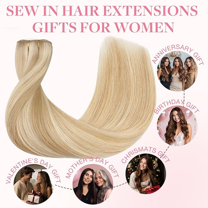 GOO GOO Sew in Hair Extensions Real Human Hair, Weft Hair Extensions Human Hair, 18A/613A Dark Blonde Highlighted Bleach Blonde 18inch 120g, Weft Bundles Straight Silky Remy Hair