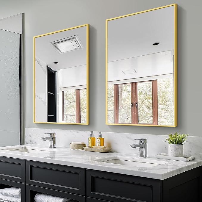 Bathroom Vanity Mirror for Wall, 2 Pack 36" x 24" Metal Framed Rectangular Bathroom Wall Mirror for Over Sink, HD Shatterproof Glass, Hangs Horizontally or Vertically(Gold)