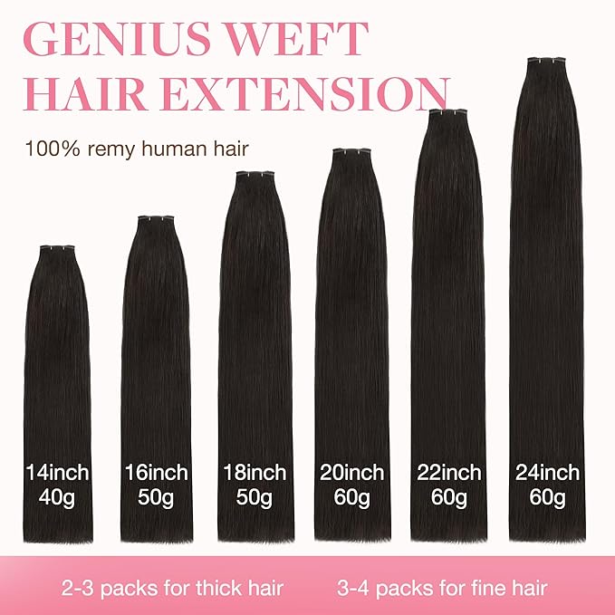 GOO GOO Genius Human Hair Extensions - Sew In Remy Weft, Dark Brown, 20 Inch, 60g, Hand Tied