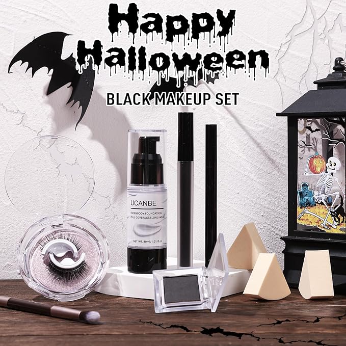 UCANBE Black Halloween Makeup Kit – Skeleton Skull Vampire Gothic Makeup Set for SFX Cosplay Costume -Eyeshadow, White Foundation, Black Lipstick & Eyeliner, Self Adhensive Eyelashes, Brush & Sponges