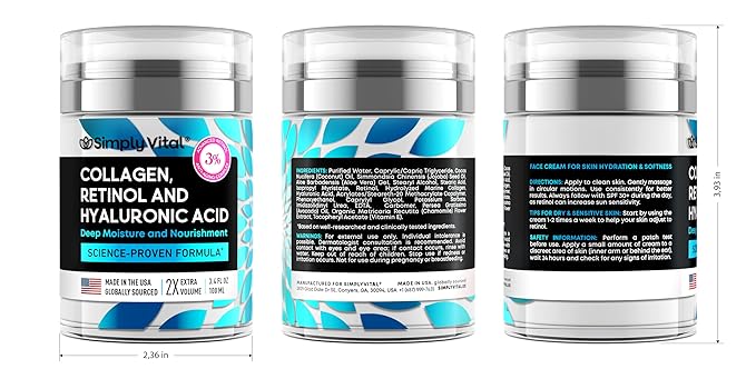 Anti-Aging Face Moisturizer with Retinol, Collagen & Hyaluronic Acid - Made in USA - Moisturizer Face Cream for Women & Men - Firming & Hydrating Neck Cream - Day & Night Skin Care - 3.38 fl oz