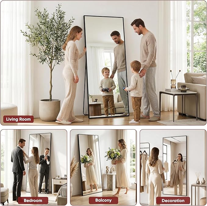 Suidia Full Length Mirror, 44"x76" Floor Mirror Freestanding, Rectangular Full Body Mirrors with Stand for Bedroom, Hanging Mounted for Living Room Cloakroom, Black