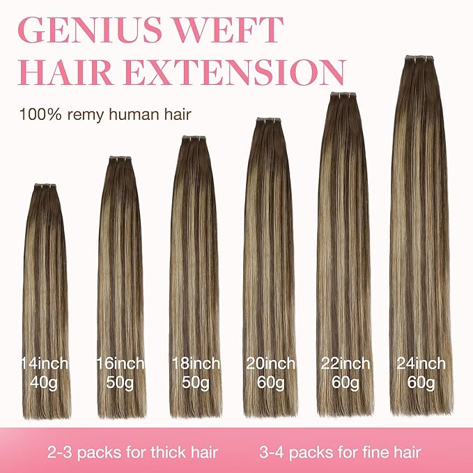 GOO GOO Genius Weft Hair Extensions Human Hair, Sew In Hair Extensions Rooted Remy Weft, 4/26/4 Balayage Chocolate Brown to Honey Blonde 18inch 50g, Hand Tied Weft Hair Extensions
