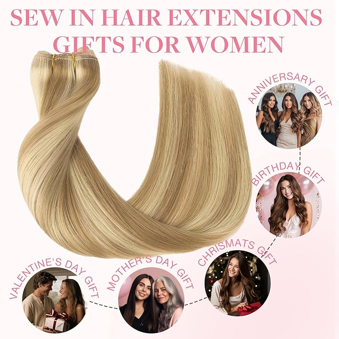 GOO GOO Sew in Hair Extensions Real Human Hair, Weft Hair Extensions Human Hair, 16/22 Light Blonde Highlighted Golden Blonde 22inch 110g, Weft Bundles Straight Silky Remy Hair