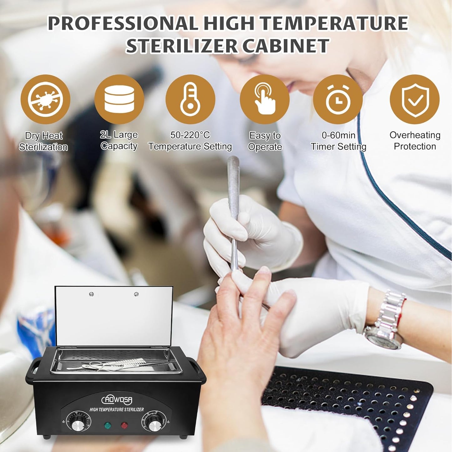 High Temperature Metal Tool Cleaning Box, 2L Dry Heat Cabinet Beauty Hair Nail Metal Tool Cleaning for Manicure Pedicure Barber, with 0-60 Min Timer & 50-220℃ Temp Settings, Plastic Sterilization Tray