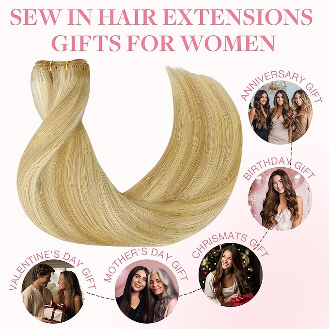 GOO GOO Sew in Hair Extensions Real Human Hair, Weft Hair Extensions Human Hair, 18D/22F Dirty Blonde Highlights 20inch 100g, Weft Bundles Straight Silky Remy Hair