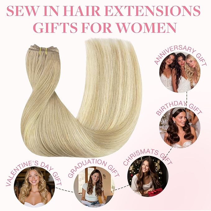GOO GOO Sew in Hair Extensions Real Human Hair, Weft Hair Extensions Human Hair, 18ET90A Natural Blonde Balayage 24inch 120g, Weft Bundles Straight Silky Remy Hair